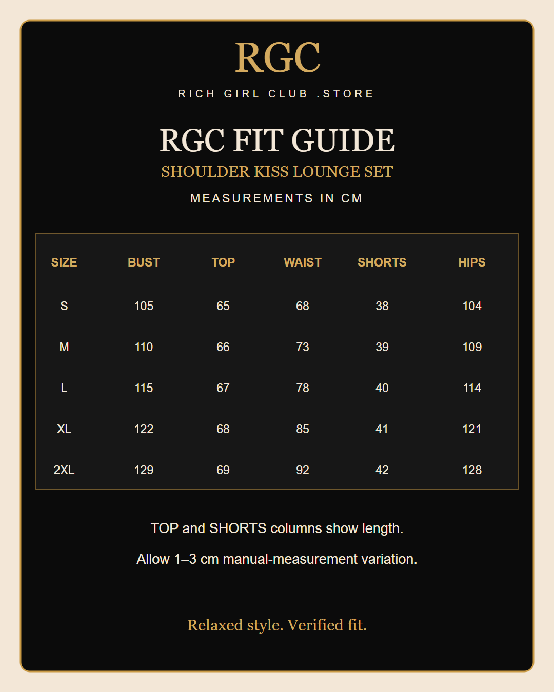 RGC Fit Guide for the Shoulder Kiss Lounge Set with verified S through 2XL measurements in centimeters.