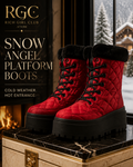 Snow Angel Platform Boots in red with quilted upper, black cuff, laces and platform sole, RGC campaign hero