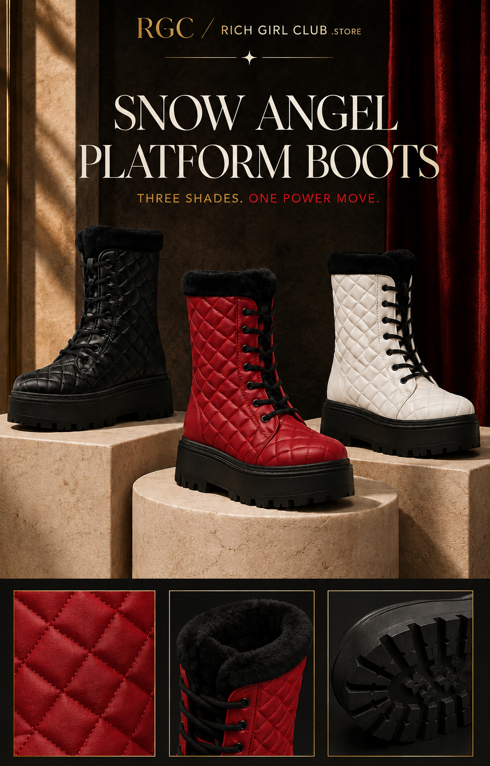 Snow Angel Platform Boots in black, red and white with quilting, plush cuff, laces and outsole details