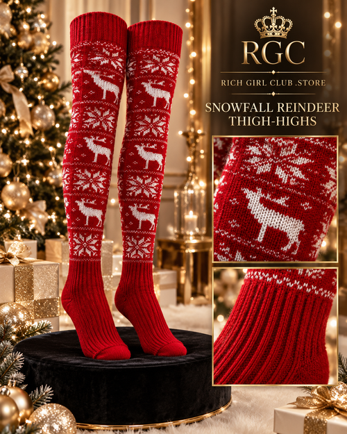 RGC detail view of the red Snowfall Reindeer Thigh-Highs showing the knit pattern and ribbing.
