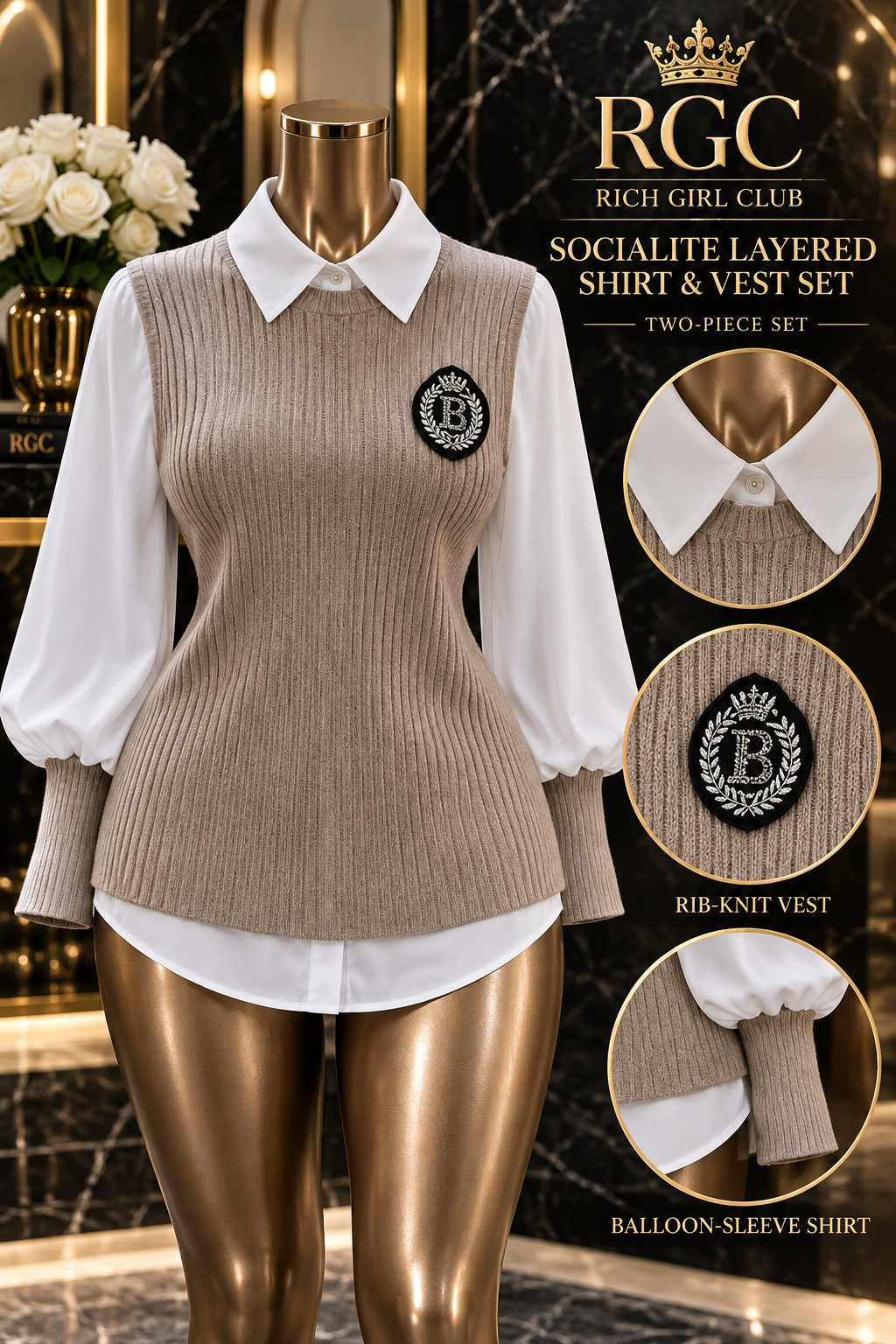 Close-up of the Khaki rib-knit vest, crest patch, pointed collar, balloon sleeves, cuffs, and white shirttail.