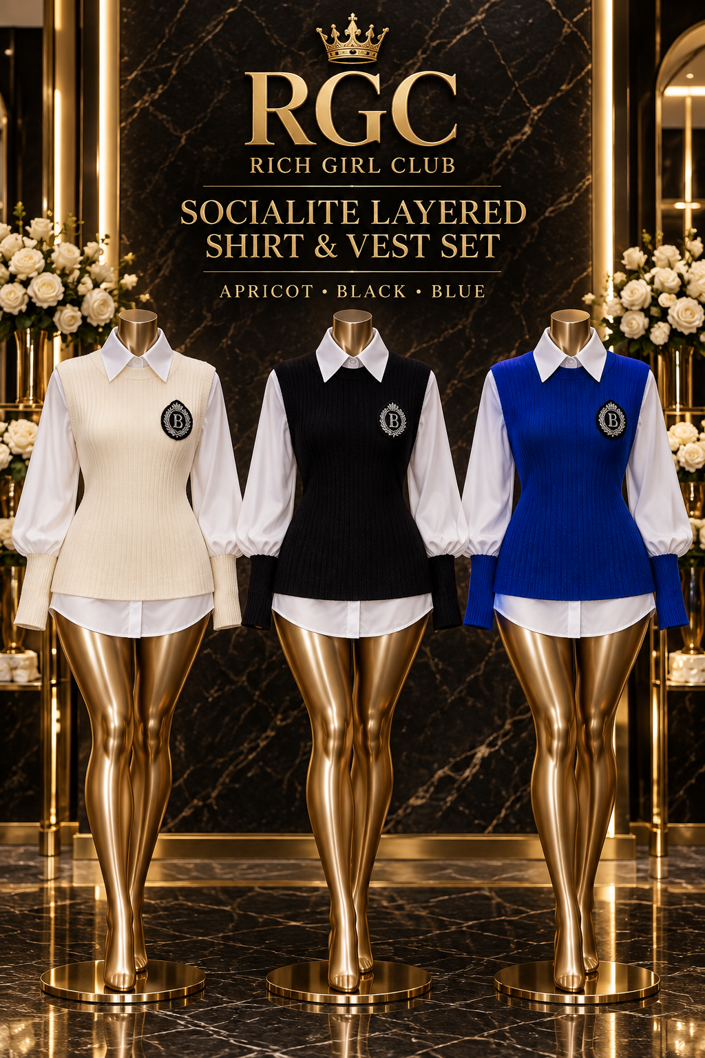 RGC Socialite Layered Shirt and Vest Set on three curvy bronze mannequins in Apricot, Black, and Blue.