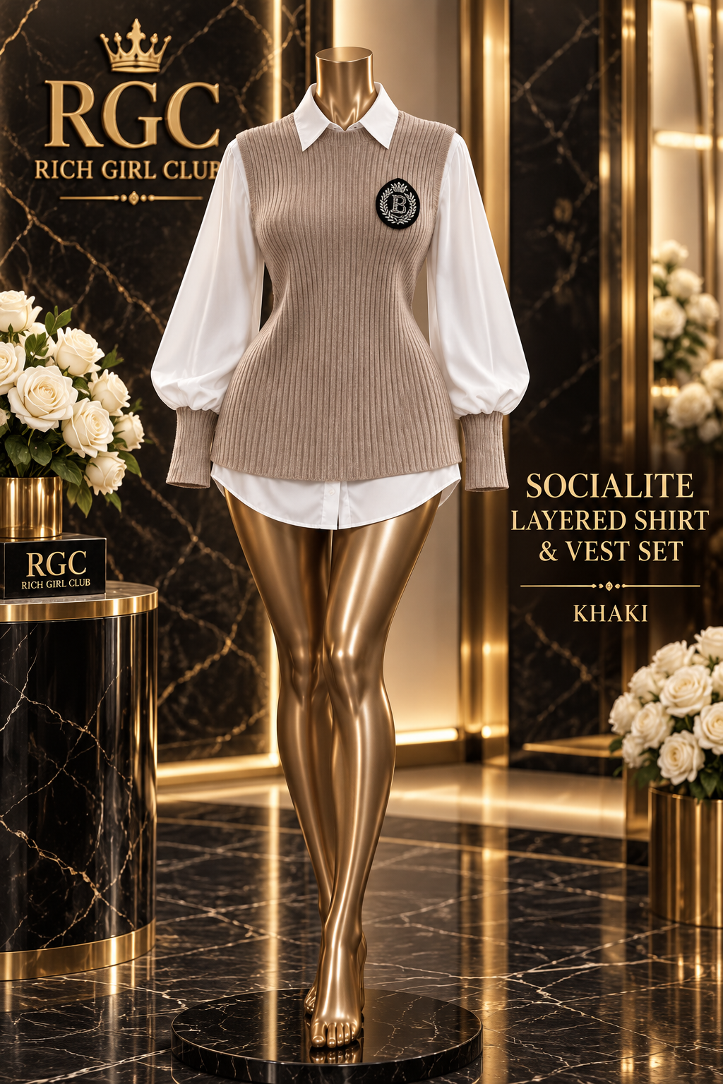 Khaki RGC Socialite Layered Shirt and Vest Set on a curvy bronze Viper mannequin.