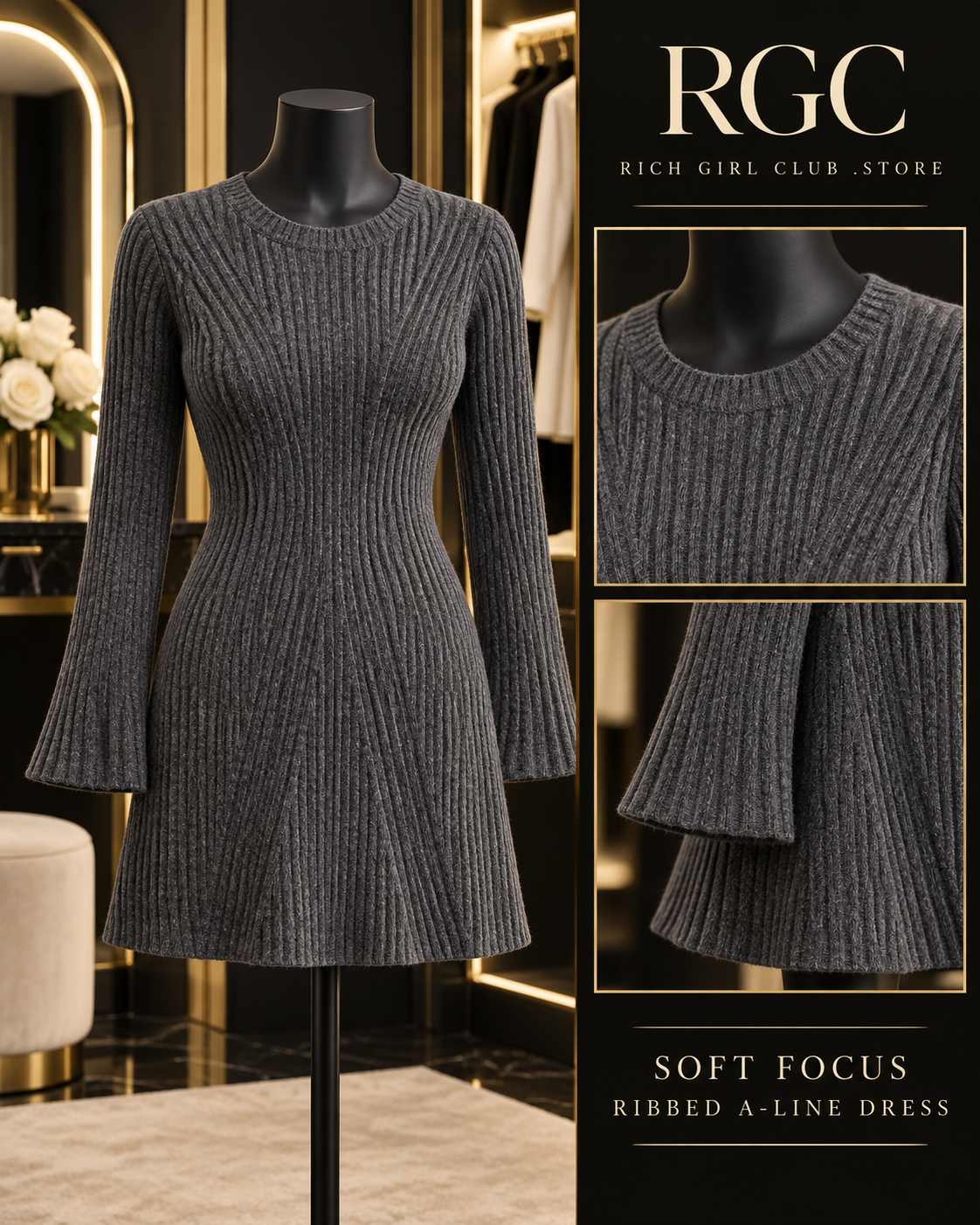 Charcoal Soft Focus Ribbed A-Line Dress on a black mannequin with neckline, rib texture, cuff, and hem details.
