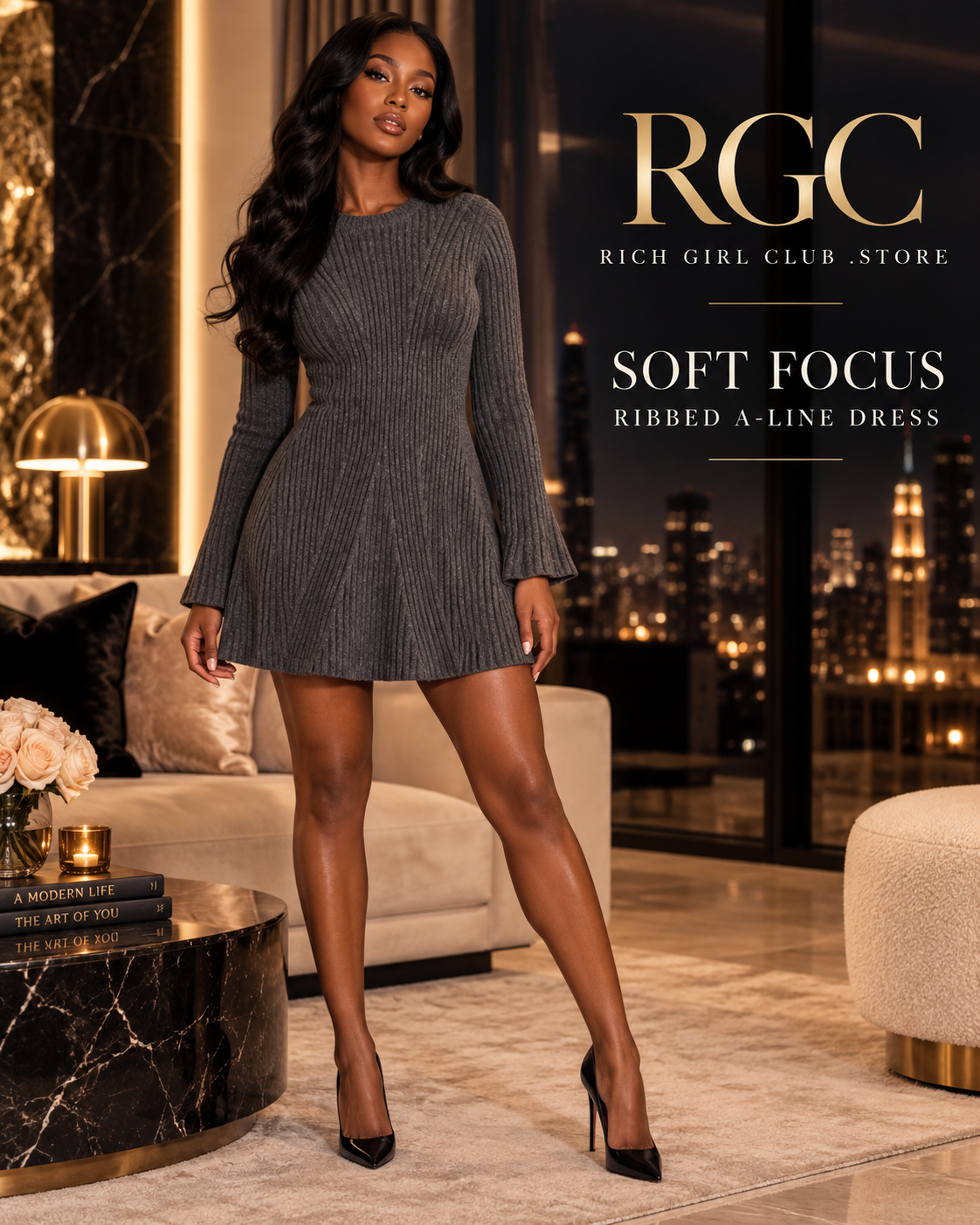 Confident adult model wearing the charcoal Soft Focus Ribbed A-Line Dress in a luxury penthouse campaign.