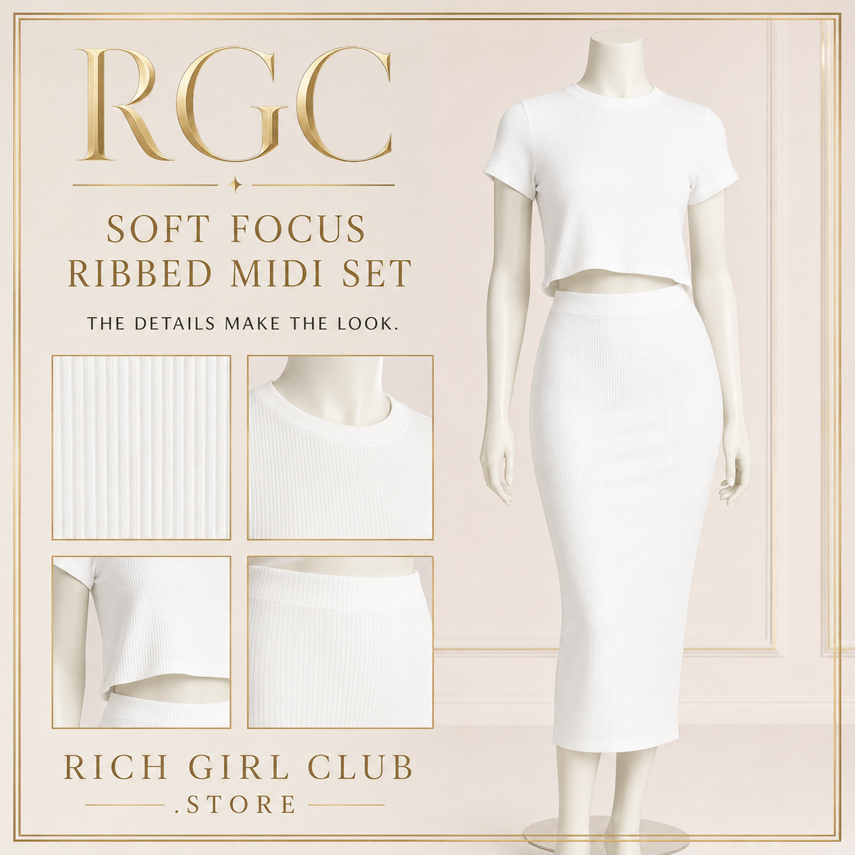 RGC mannequin detail of the white Soft Focus Ribbed Midi Set