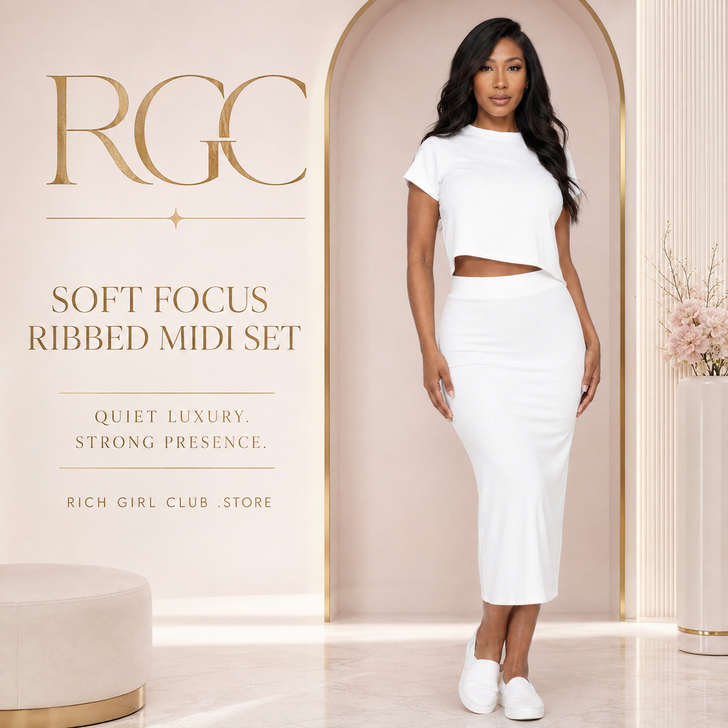 RGC campaign model wearing the white Soft Focus Ribbed Midi Set