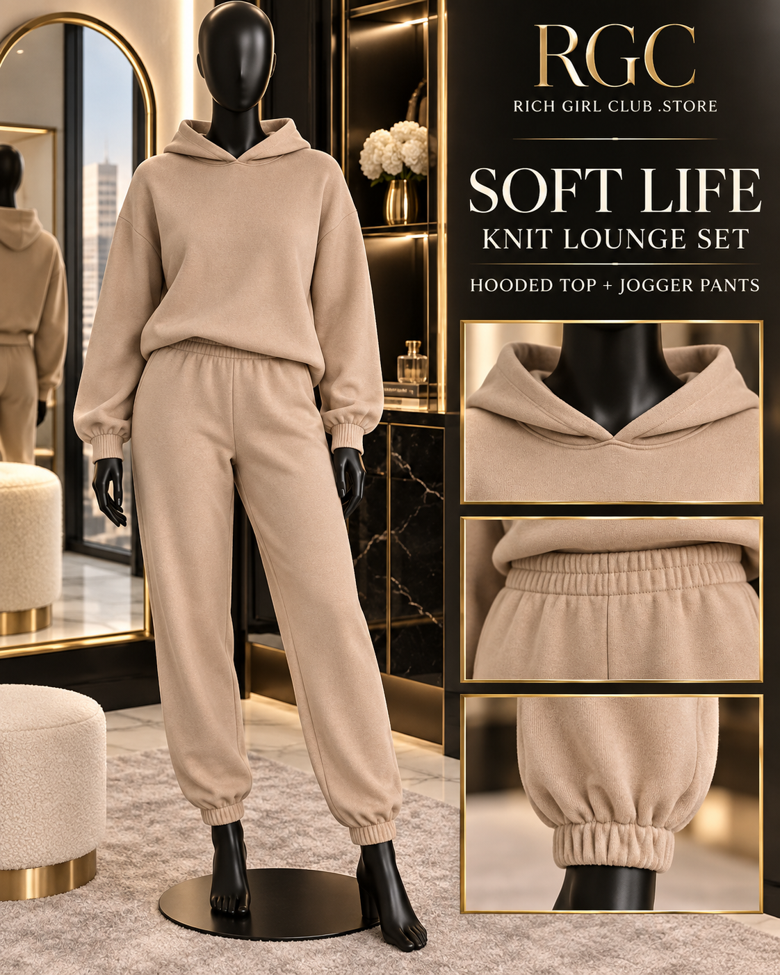 Soft Life Knit Lounge Set mannequin detail showing the hooded top, elasticized pant waist, and jogger cuffs