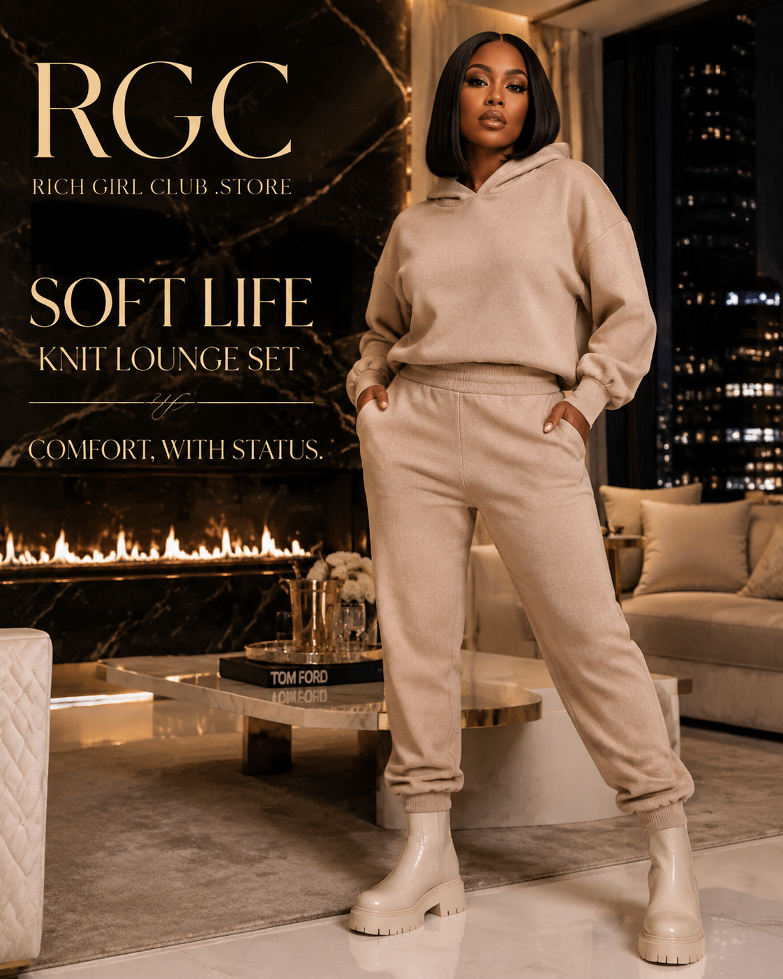 RGC Soft Life Knit Lounge Set campaign featuring an adult model in the dark-khaki hooded top and matching jogger pants