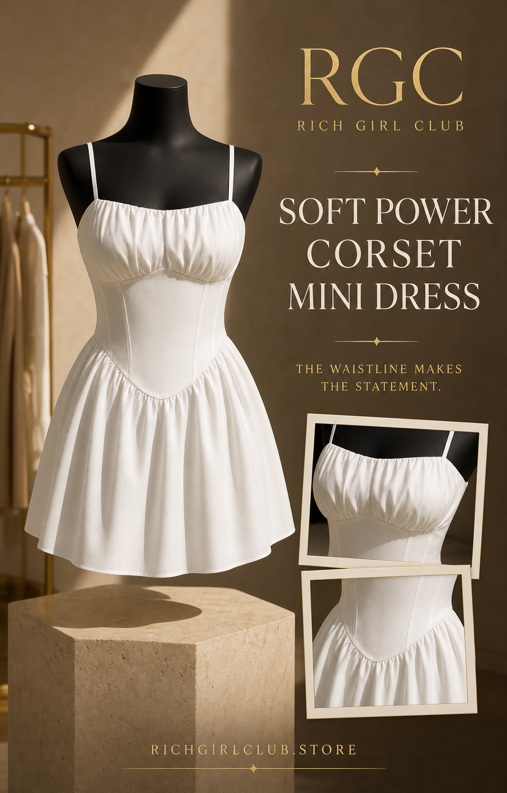 Soft Power Corset Mini Dress in white on a mannequin with gathered bust and pointed waist detail