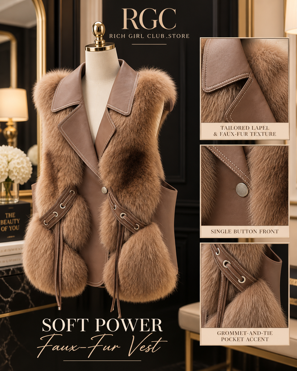 Soft Power Faux-Fur Vest in camel on a cream mannequin with close views of the lapel, single button, and grommet-and-tie pocket accents.
