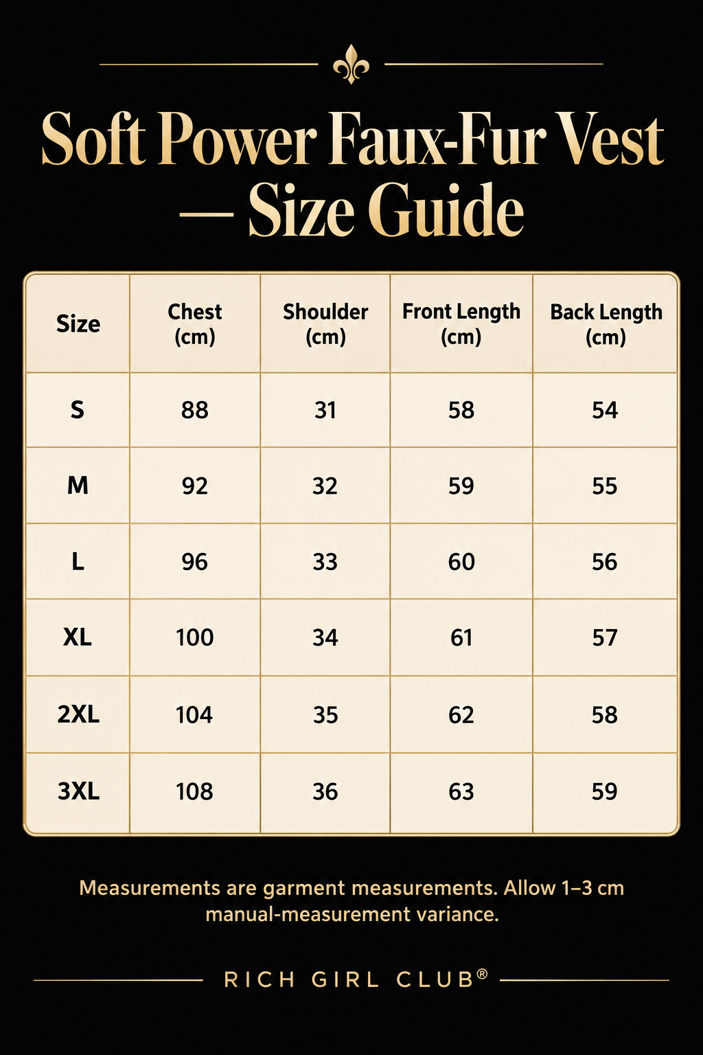 RGC Fit Guide for the Soft Power Faux-Fur Vest showing verified S–3XL measurements in centimeters; XS has no published numeric measurements.