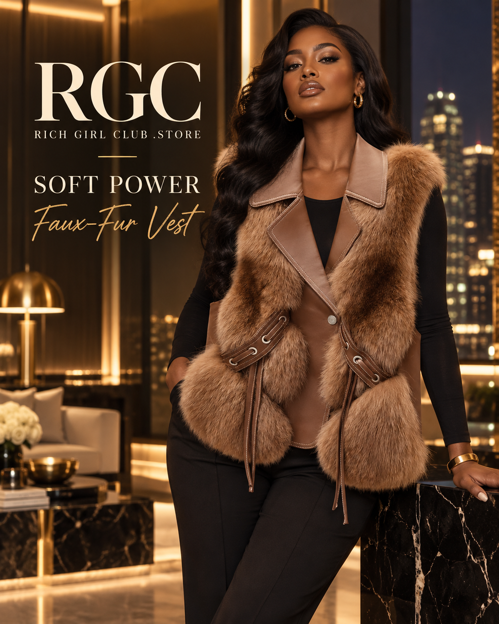 Soft Power Faux-Fur Vest in camel on an adult model in a champagne-lit penthouse lounge, RGC campaign hero.