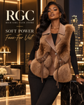 Soft Power Faux-Fur Vest in camel on an adult model in a champagne-lit penthouse lounge, RGC campaign hero.