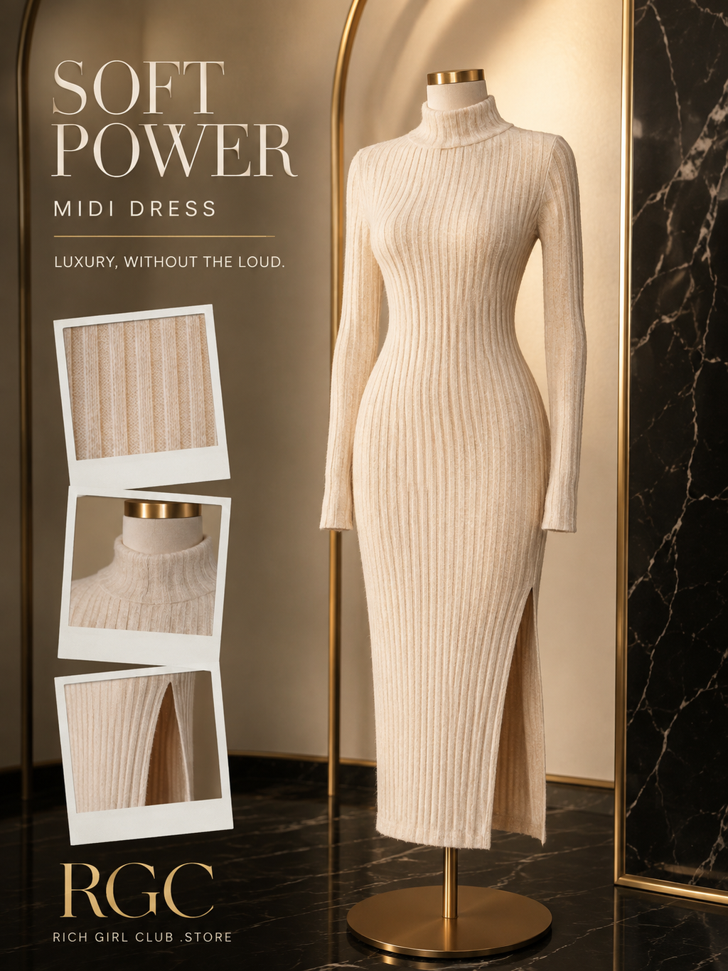 RGC mannequin detail campaign for the apricot Soft Power Midi Dress