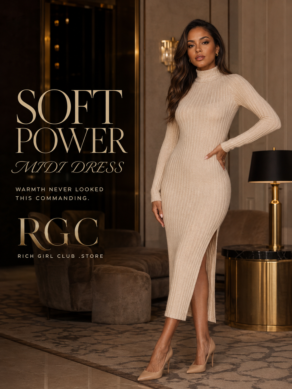 RGC model campaign for the apricot Soft Power Midi Dress
