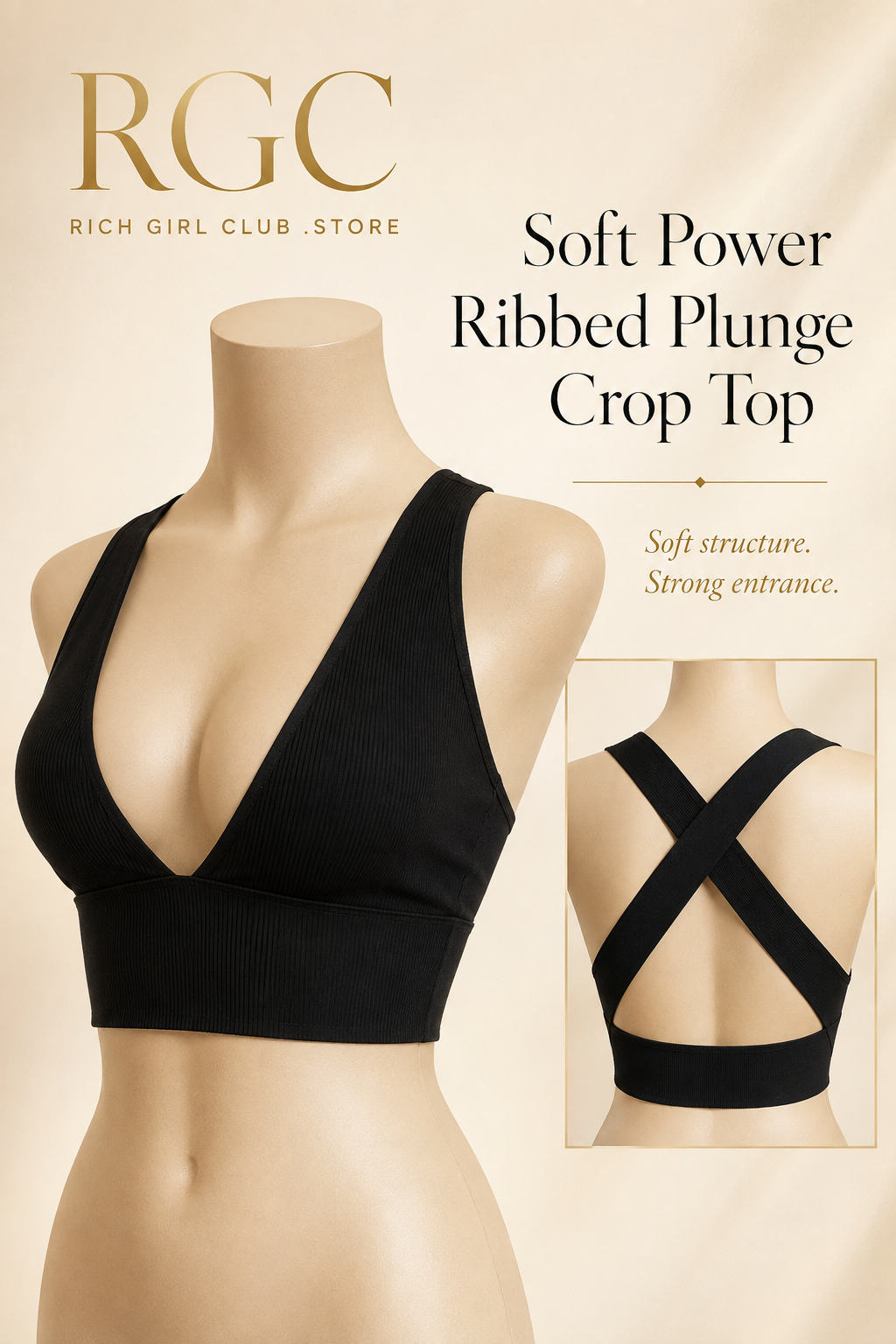 Soft Power black ribbed plunge crop top on mannequin with crossed open-back detail