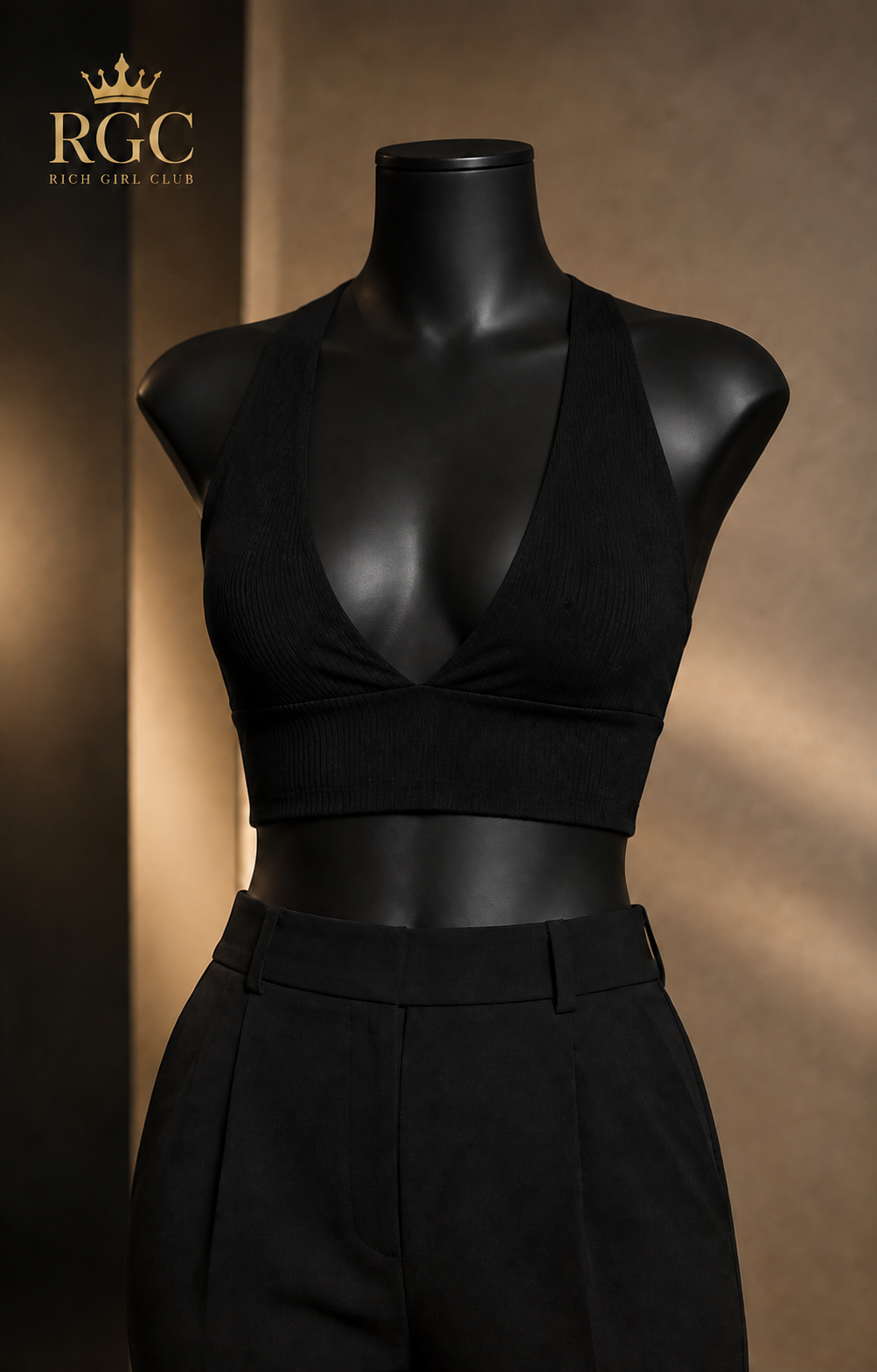Soft Power black ribbed plunge crop top, RGC mannequin campaign hero