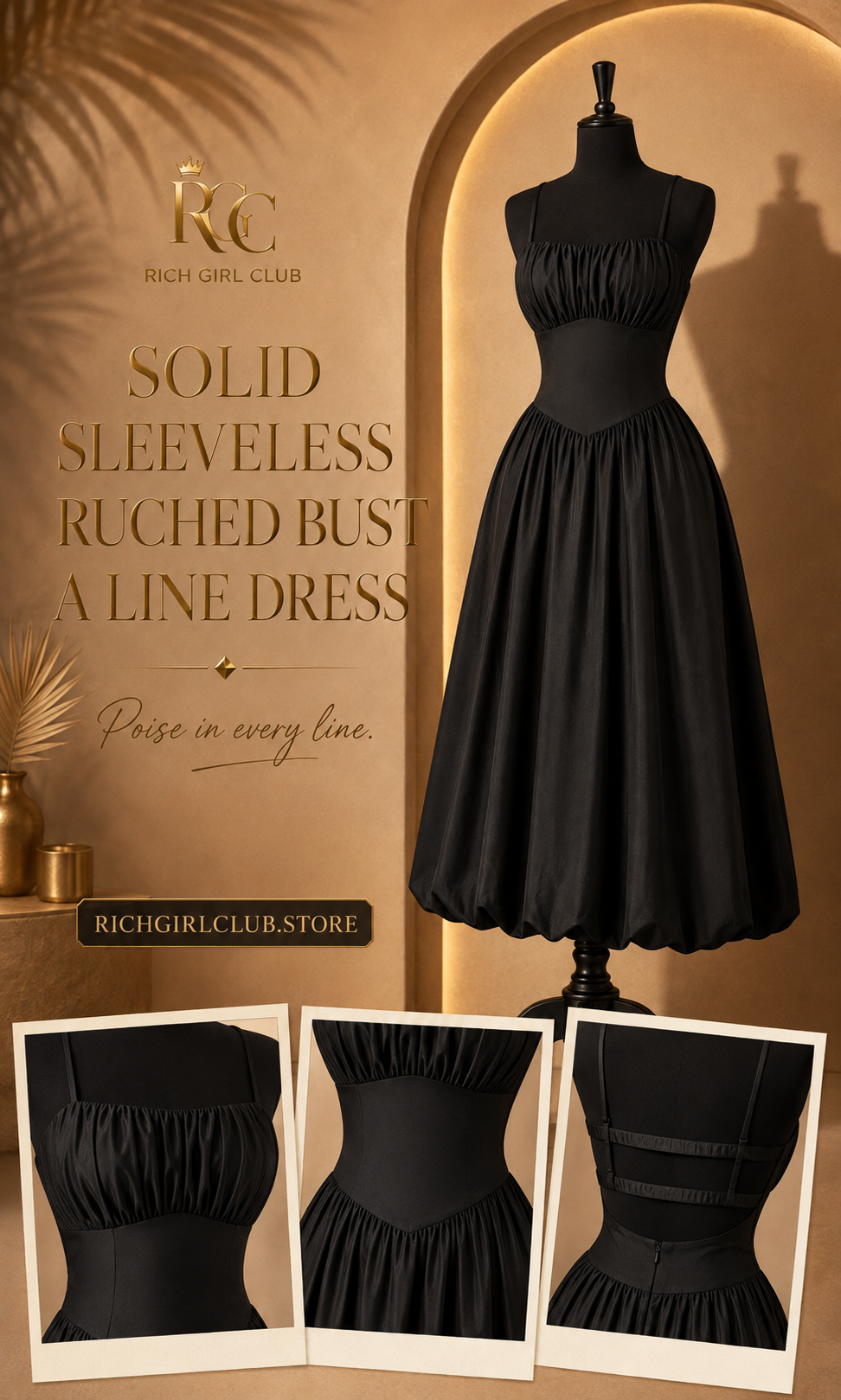 RGC mannequin detail campaign showing the black Solid Sleeveless Ruched Bust A Line Dress