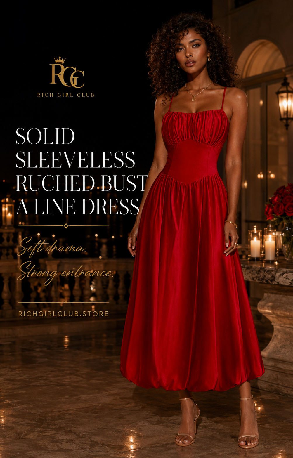 RGC campaign hero featuring a model in the red Solid Sleeveless Ruched Bust A Line Dress