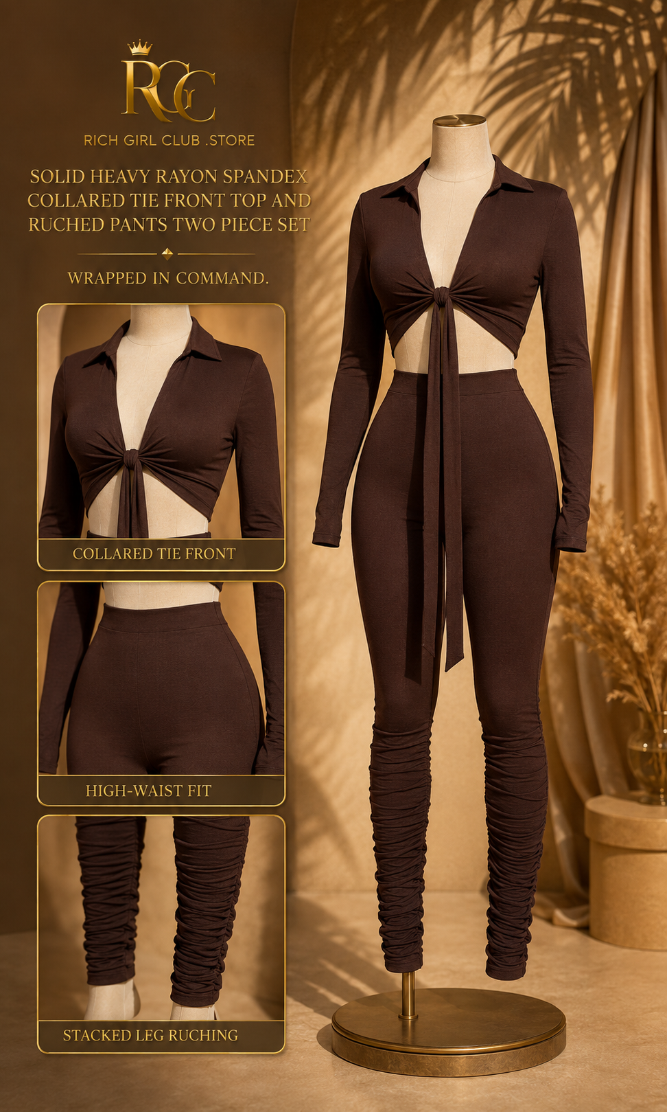 RGC mannequin detail campaign showing the brown collared tie-front top and matching high-waist stacked-ruched pants set
