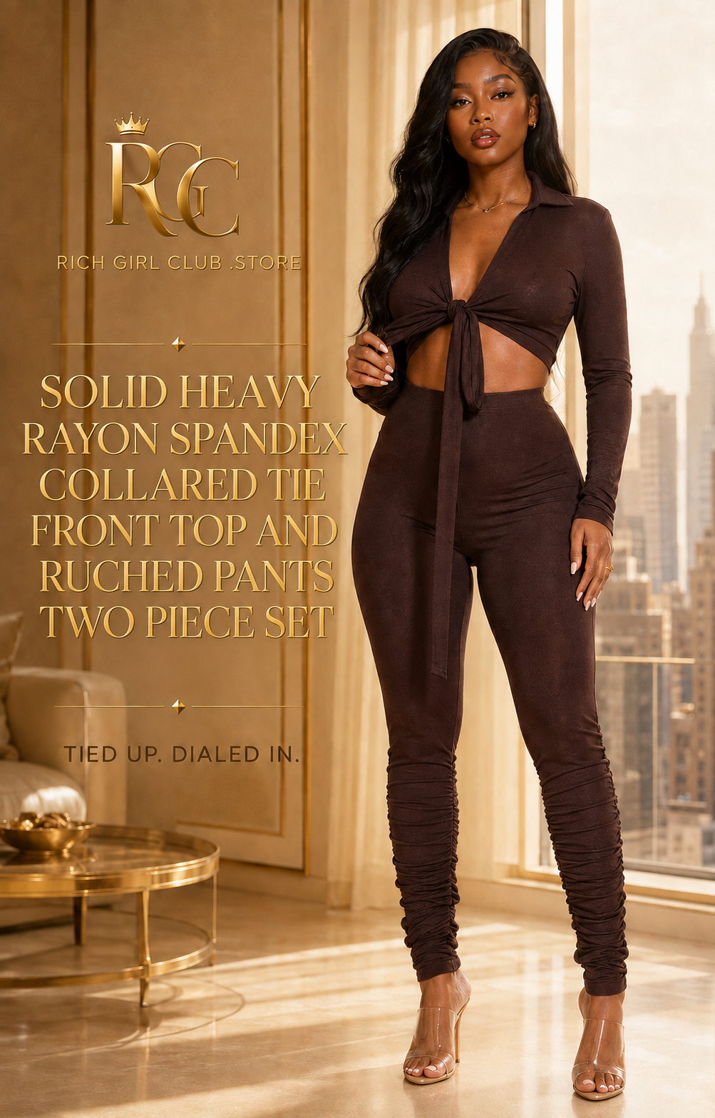 RGC campaign hero featuring an adult Black model in the brown collared tie-front top and matching stacked-ruched pants set