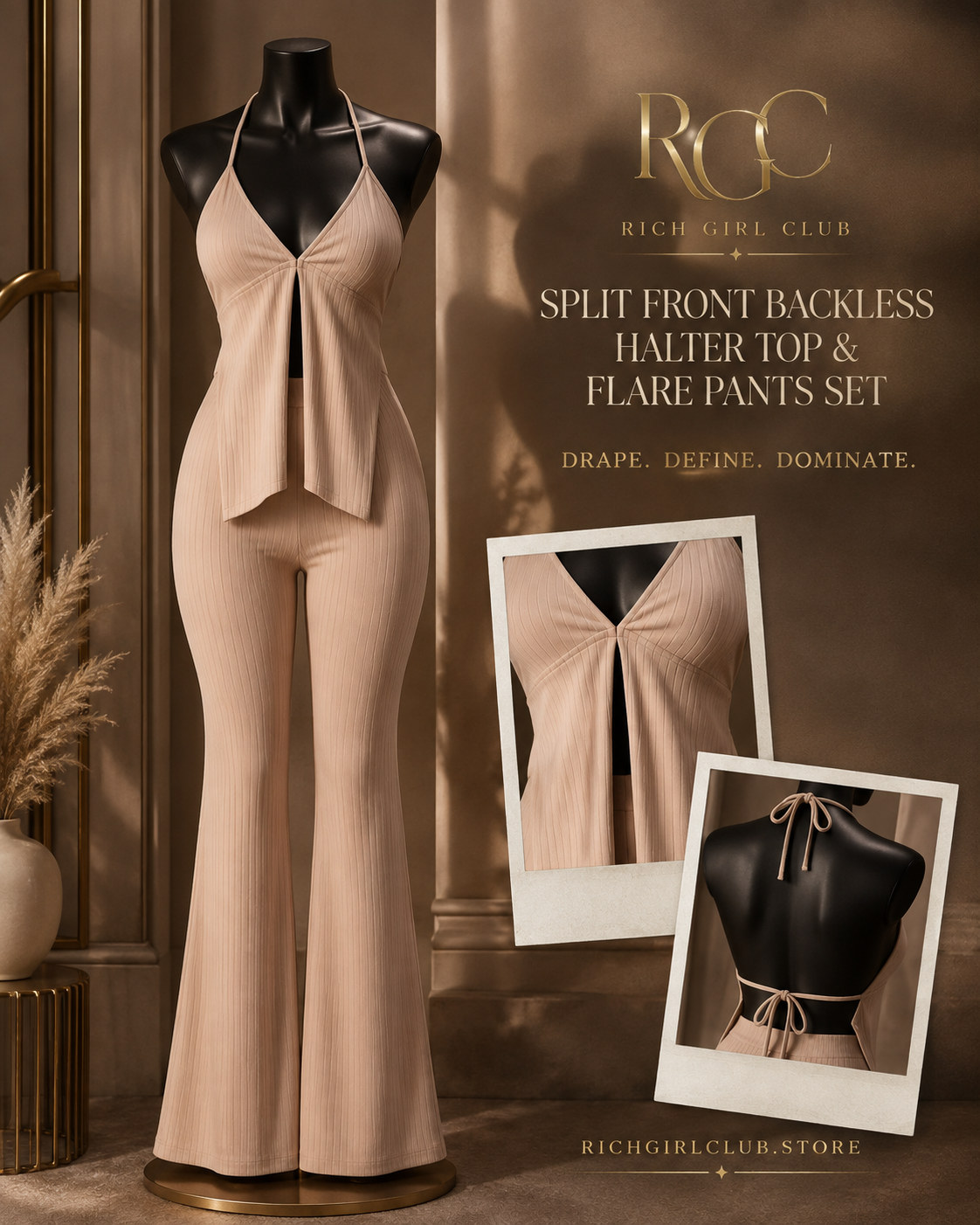 RGC mannequin detail campaign for the khaki Split Front Backless Halter Top & Flare Pants Set