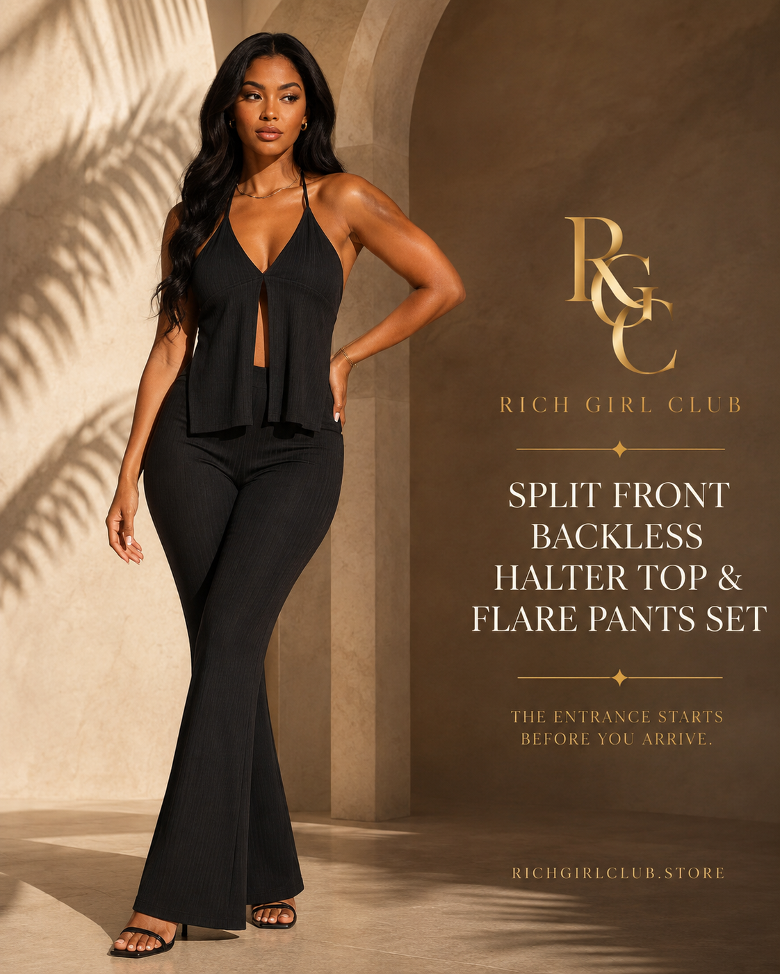 RGC campaign model wearing the black Split Front Backless Halter Top & Flare Pants Set