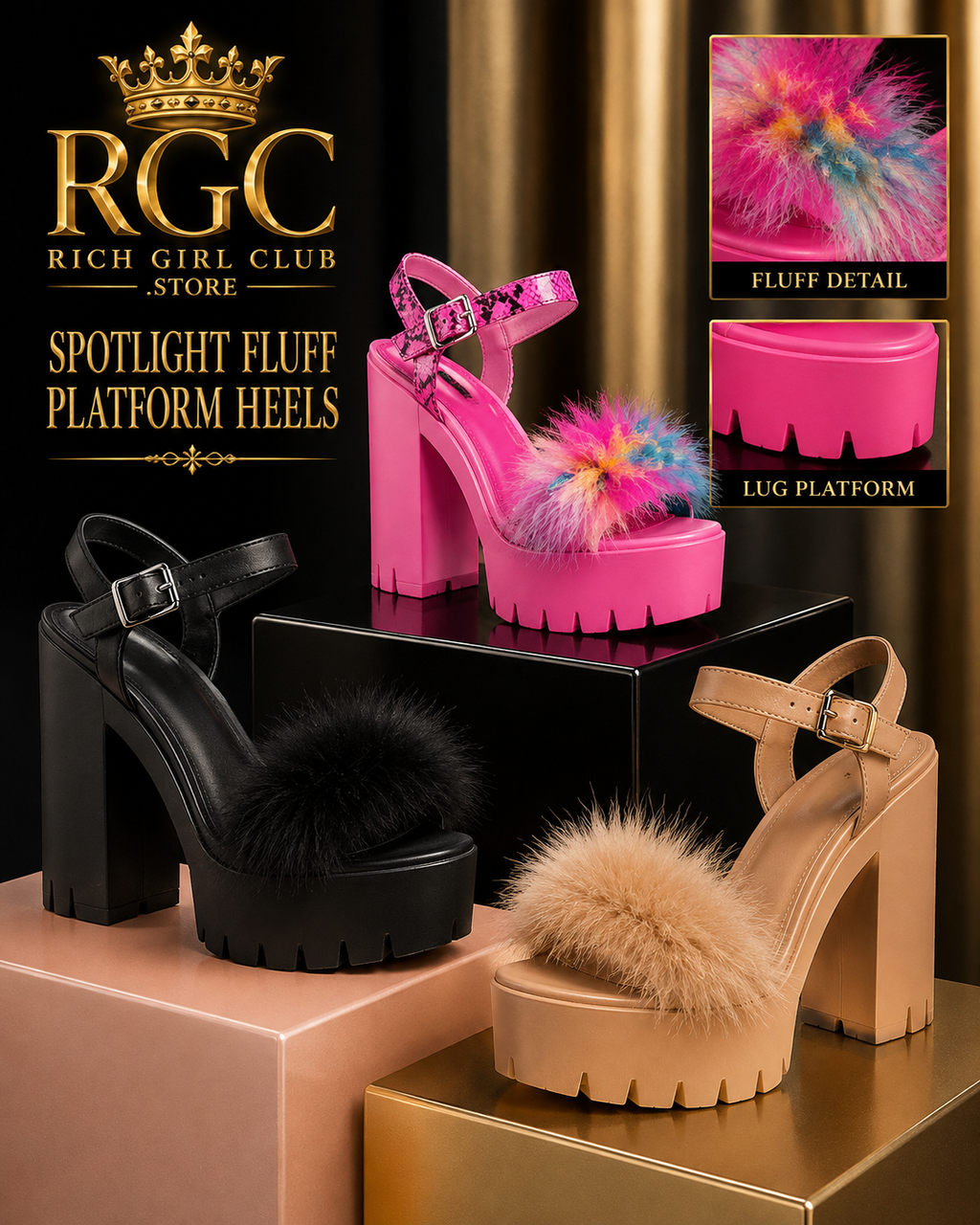 Spotlight Fluff Platform Heels RGC detail showing pink, black, and bronze colorways