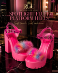Spotlight Fluff Platform Heels RGC campaign featuring bright pink fluffy platform sandals