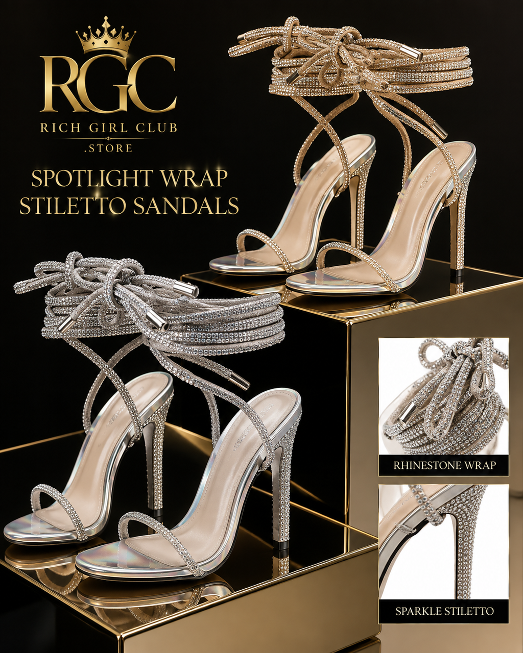 Spotlight Wrap Stiletto Sandals RGC detail showing gold and silver colorways