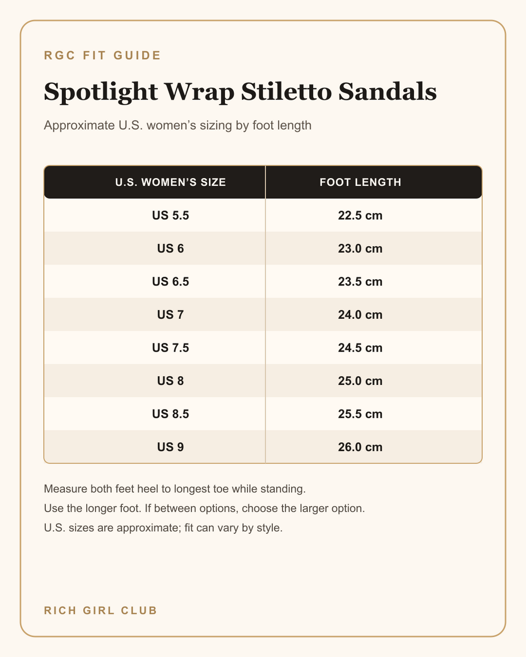 U.S. women’s size and foot-length fit guide for Spotlight Wrap Stiletto Sandals.