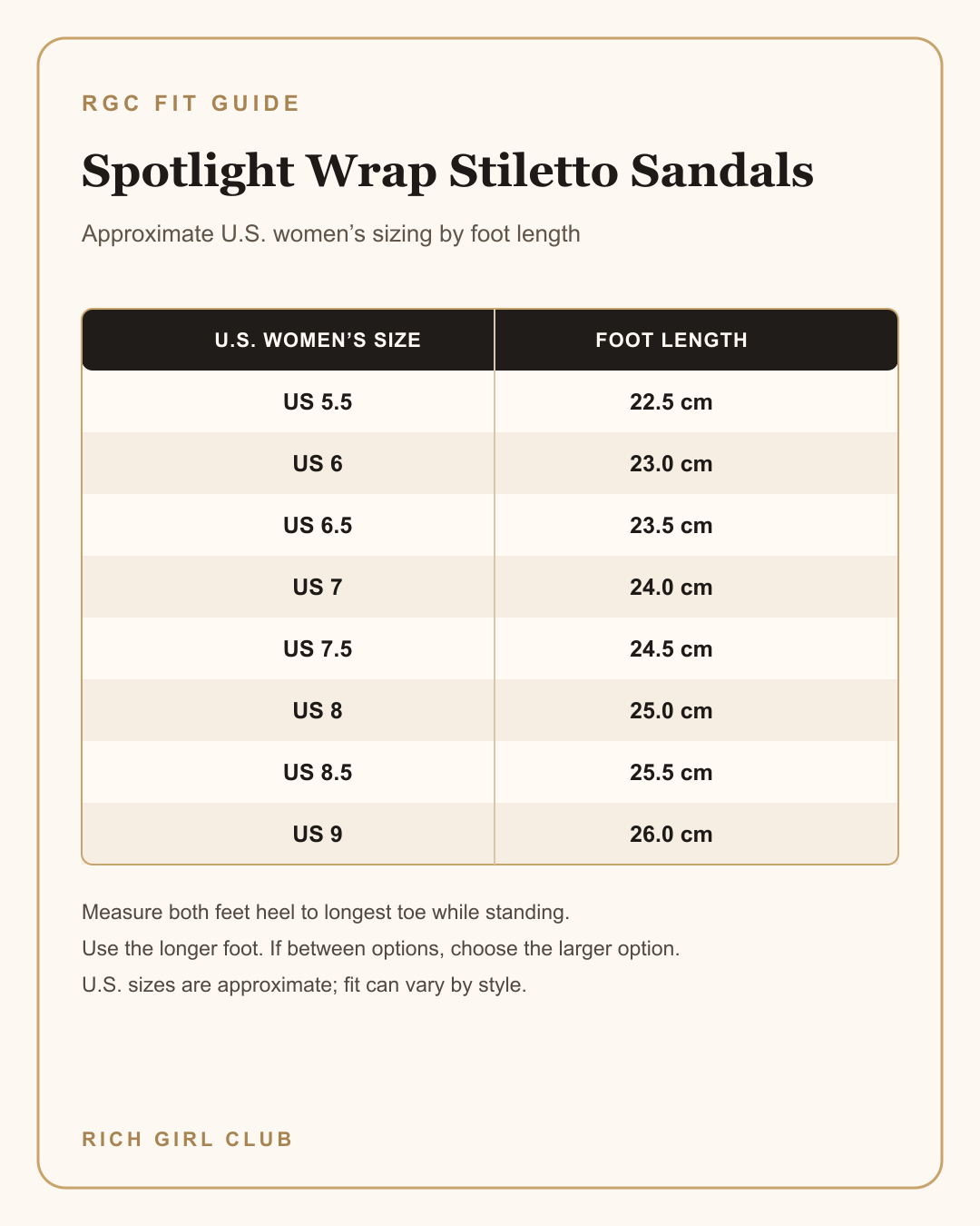 U.S. women’s size and foot-length fit guide for Spotlight Wrap Stiletto Sandals.