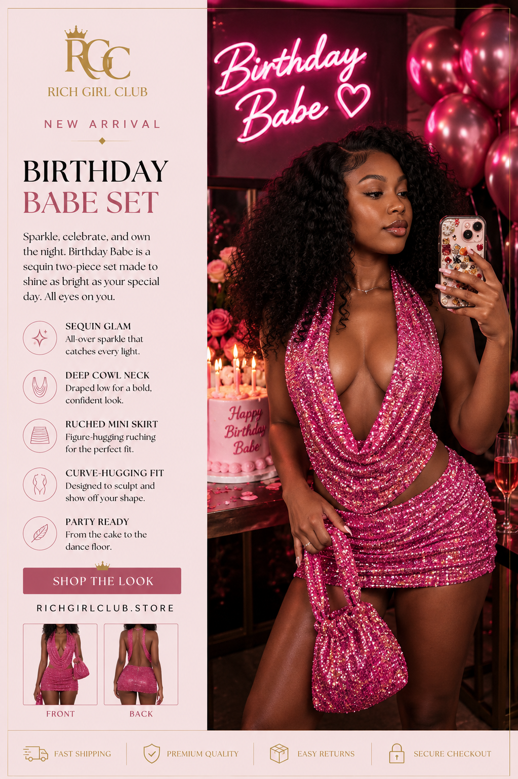Starlight Sequin Halter Skirt Set - Birthday Babe lifestyle ad photo, pink sequin cowl neck dress with matching bag