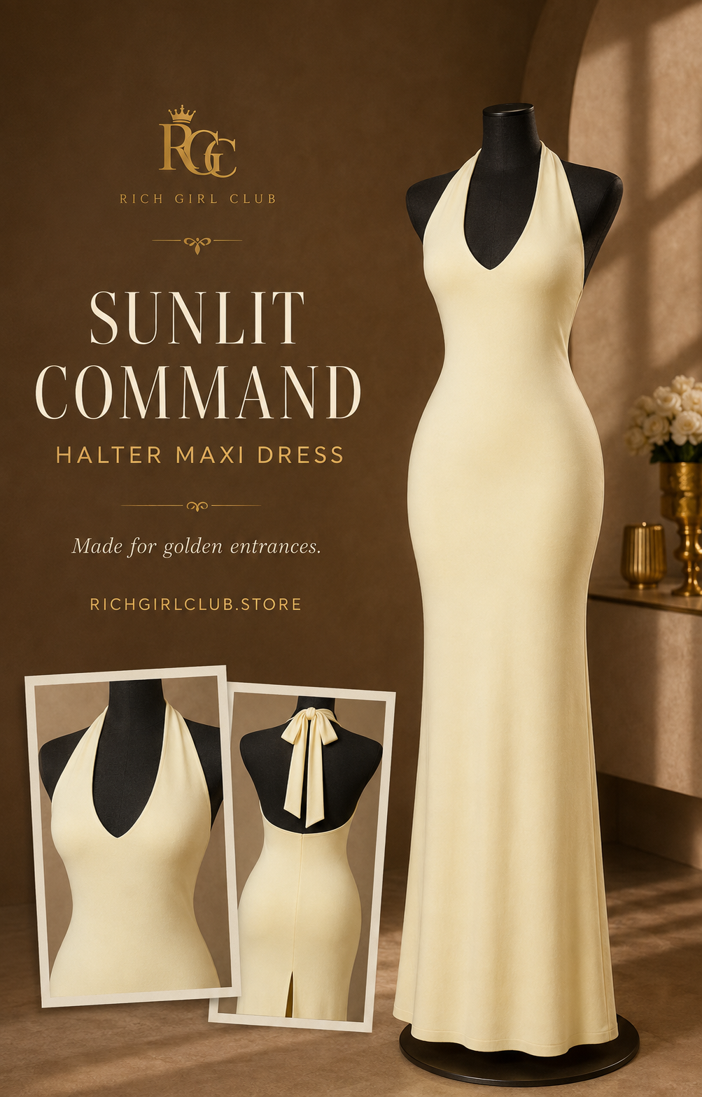 RGC mannequin detail campaign for the pale yellow Sunlit Command Halter Maxi Dress
