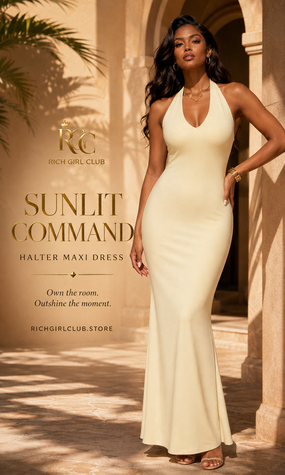 RGC campaign hero featuring a model in the pale yellow Sunlit Command Halter Maxi Dress