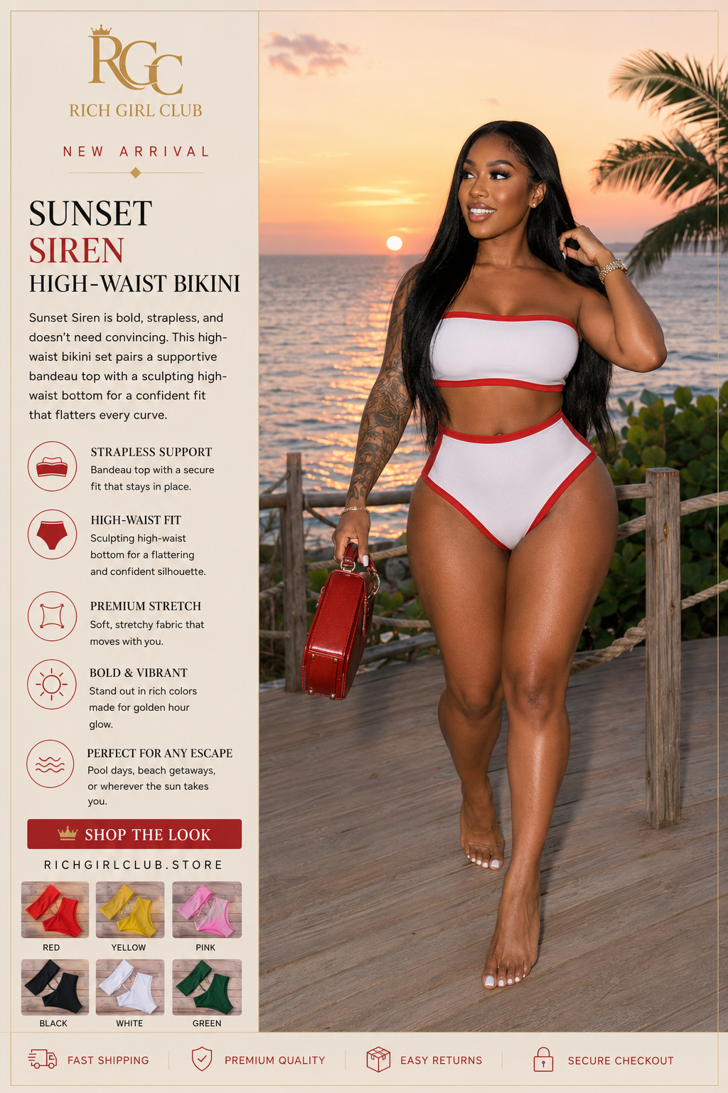 Sunset Siren High-Waist Bikini - New Arrival lifestyle ad photo, white and red bandeau bikini at sunset