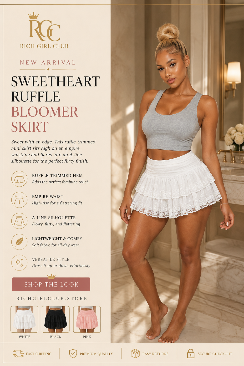 Sweetheart Ruffle Bloomer Skirt - New Arrival lifestyle ad photo, white lace ruffle mini skirt