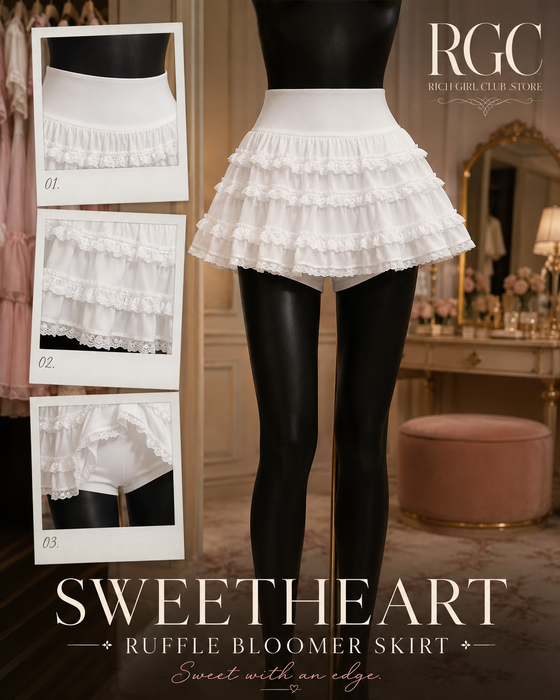 Sweetheart Ruffle Bloomer Skirt RGC mannequin showing waistband, ruffle tiers, and inner shorts