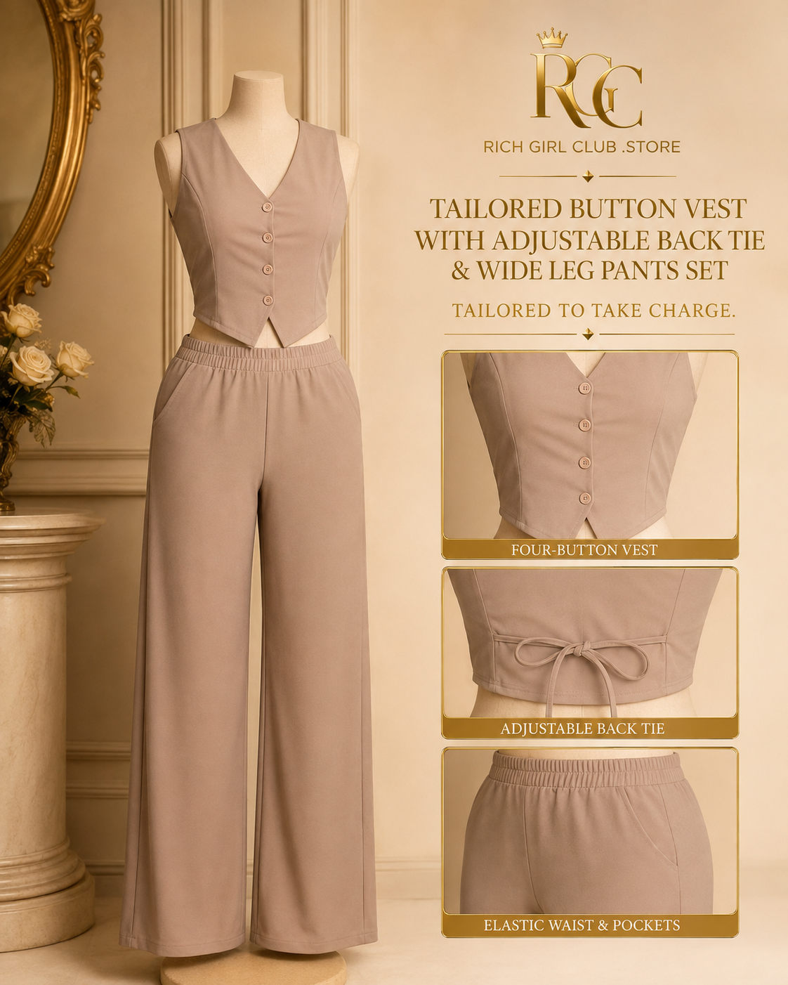 RGC mannequin detail campaign showing the taupe four-button vest, adjustable back tie and elastic-waist wide-leg pants