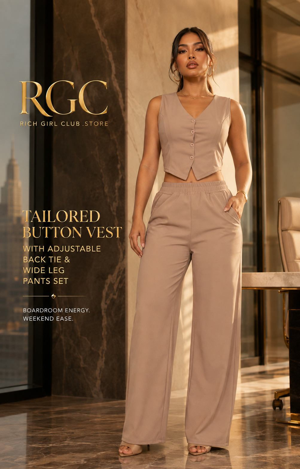 RGC campaign hero featuring an adult Latina model in the taupe four-button vest and wide-leg pants set
