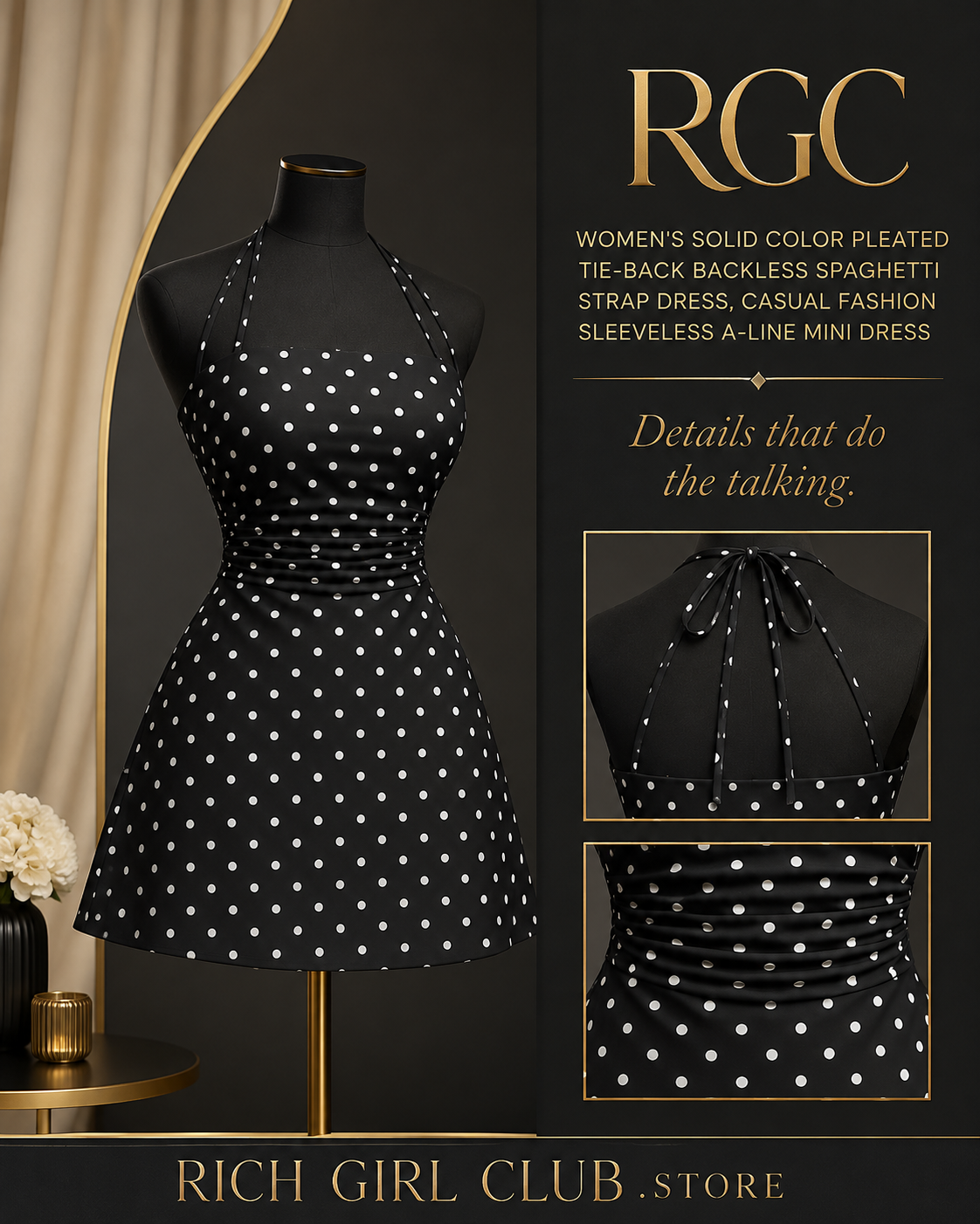 RGC mannequin detail showing the black-and-white polka-dot A-line mini dress with ruched waist and tie-back halter straps.