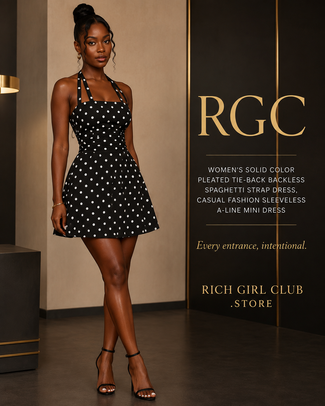 RGC campaign hero showing an adult Black woman wearing the black mini A-line halter dress with white polka dots, ruched waist and tie-back straps.