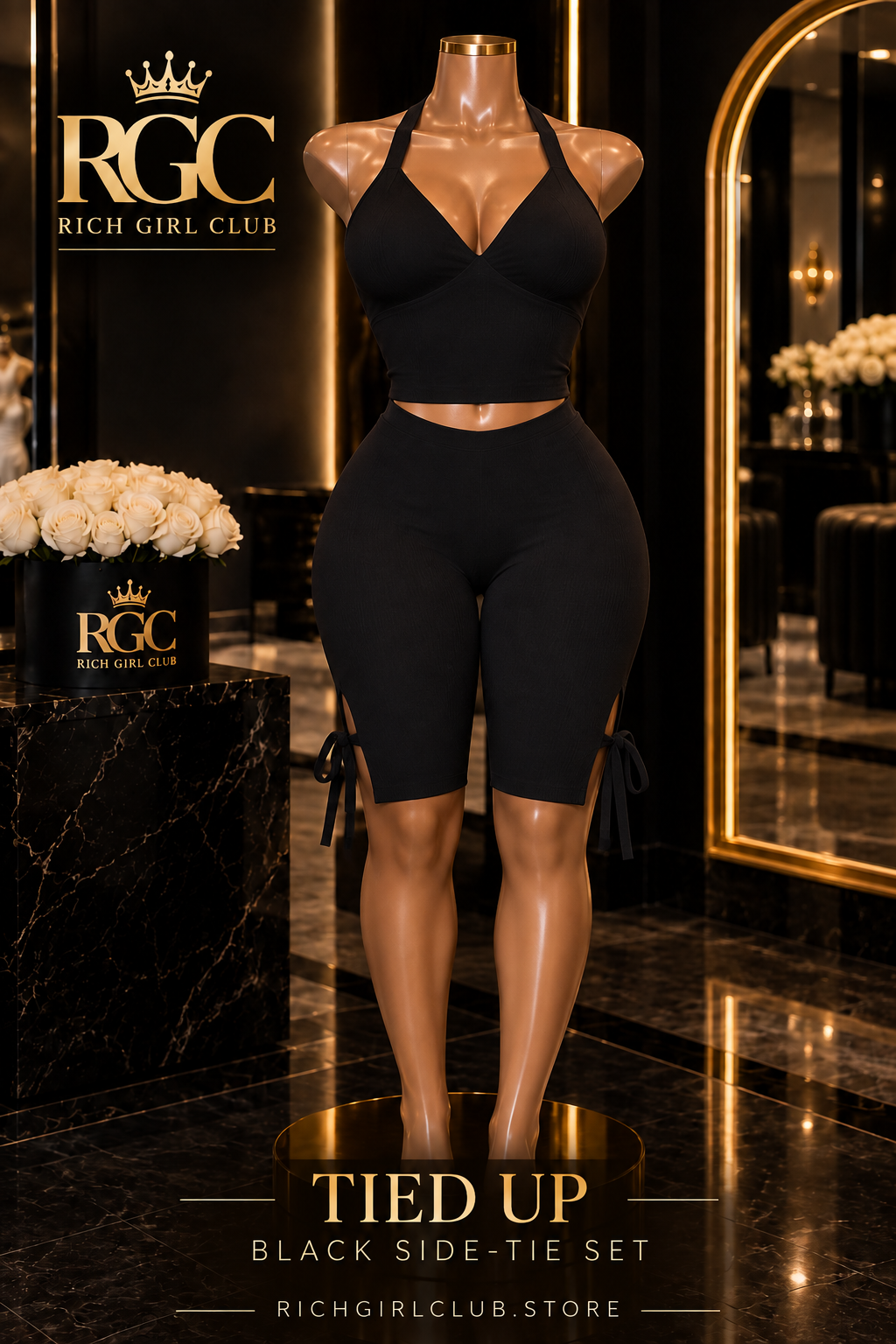 Tied Up black side-tie halter pant set displayed on the signature curvy RGC mannequin