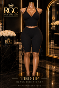 Tied Up black side-tie halter pant set displayed on the signature curvy RGC mannequin