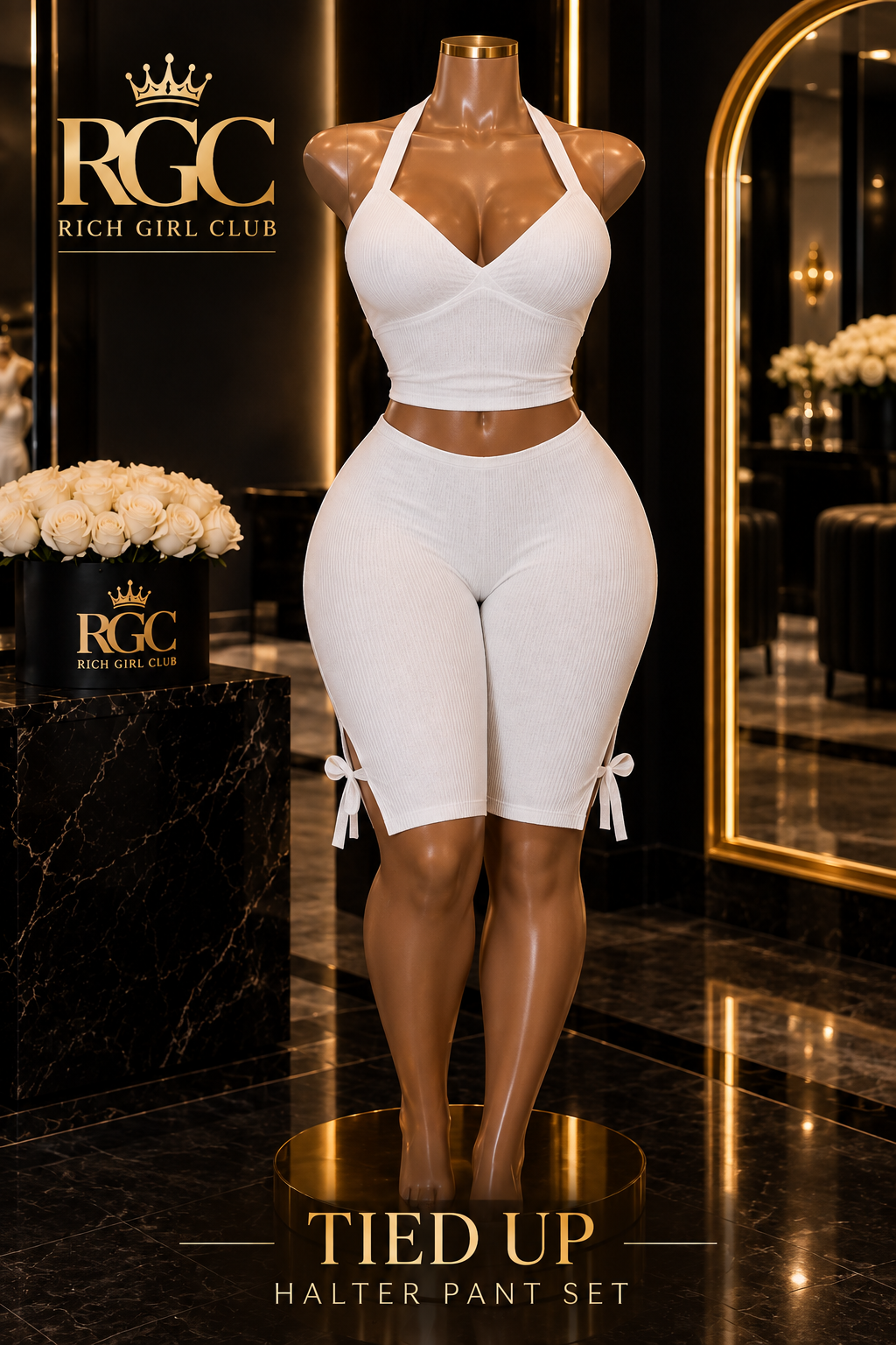 Tied Up white halter pant set displayed on the signature RGC curvy mannequin