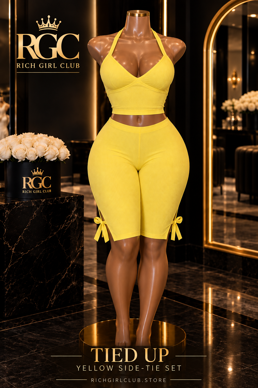 Tied Up yellow side-tie halter pant set displayed on the signature curvy RGC mannequin