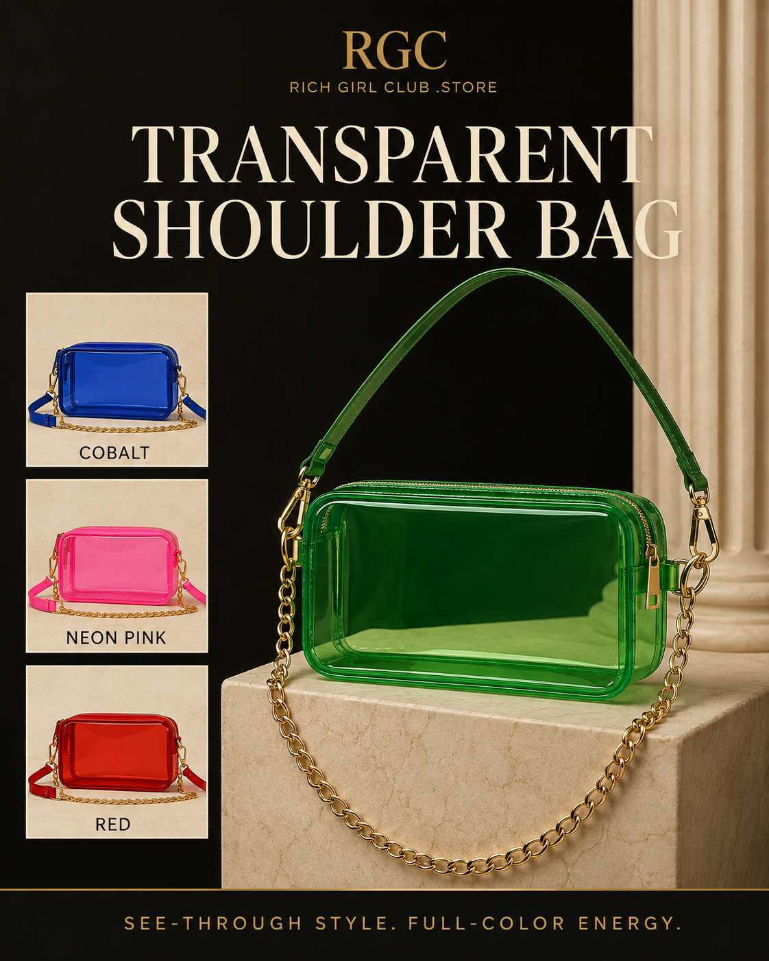 In-stock green Transparent Shoulder Bag product detail with cobalt, neon pink and red color frames