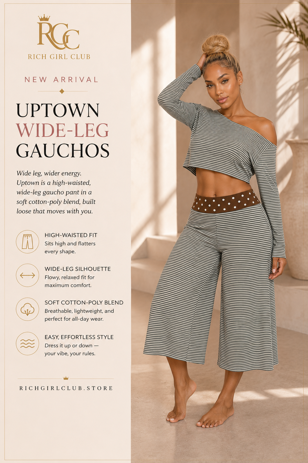 Uptown Wide-Leg Gauchos - New Arrival lifestyle ad photo, striped set with polka-dot waistband