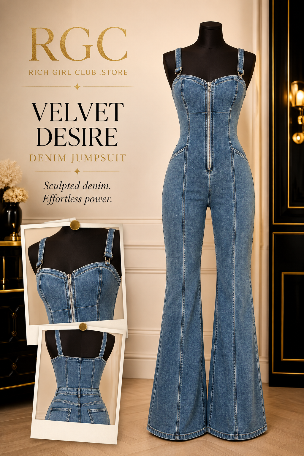 Velvet Desire Denim Jumpsuit RGC mannequin zipper, strap and pocket detail